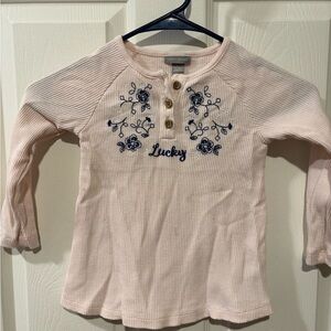 Lucky Brand Light Pink Long Sleeve Tee with Navy Floral Embroidery